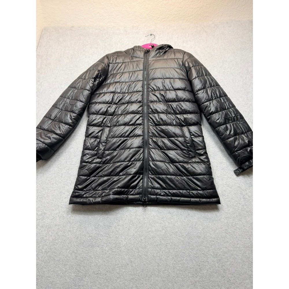 Swiss Tech Black Quilted Hooded Puffer Jacket Women Medium Full Zip Fill Parka